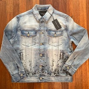 Men’s Denim Jacket Sz Medium. Stone Wash w/ Cathedral Print. Premium Piece